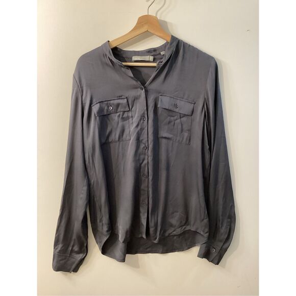 Vince Collar Stretch Silk Button Down Blouse Size M Grey - Picture 3 of 14